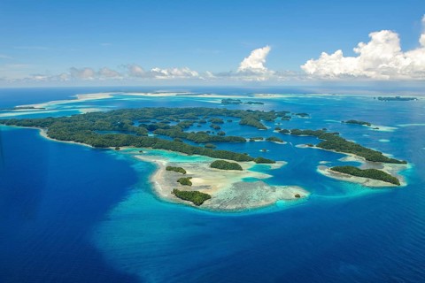 Aerial view of Chelbacheb Islands Rock Islands 70 Seventy Islands of island paradise Palau, island