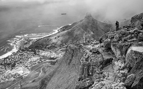 Mountaineers on Table Mountain, Lion's Head in the background, b/w photo, black and white, Cape