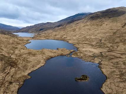 Panoramic aerial drone photo of Loch Peallach in the highlandof Isle of Mull, Inner Hybrides,