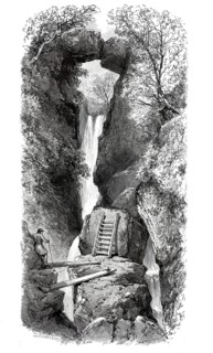 Waterfall at Dungeon Ghyll, watercourse in the Lake District, Cumbria, England, illustration,