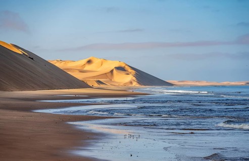 Atlantic coast with sand dunes, Namib desert and sea, desert landscape, Namib Naukluft Park,