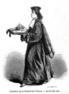 A historical depiction of a dignitary of the Confrérie de la Charité de Vernon, the figure is