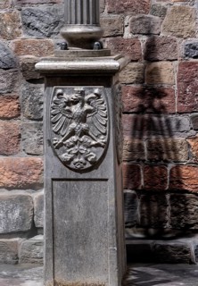 Frankfurt city coat of arms on the base of an old candelabra in the old town, Hesse, Germany