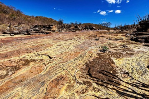 Stone formations on a vast area with sparse plant growth under blue skies, the thornshrub savanna