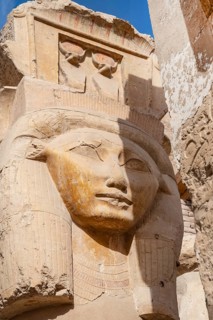 The Hathor capital columns, iconic ancient Egyptian pillars featuring the face of the goddess