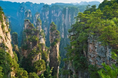 Panoramic view of the quartz sandstone pillars of the Tianzi Mountains in Zhangjiajie National Park