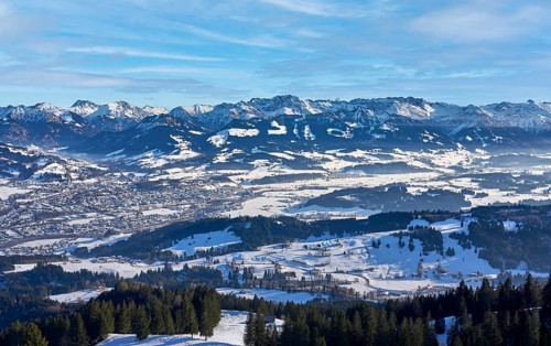 Panorama of the Allgaeu High Alps above Valley of river Iller, Sonthofen, Bavaria, Germany