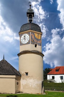 Old clock tower, 16th century, on Burghausen Castle, Burghausen, Upper Bavaria, Germany