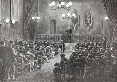 A 19th-century gathering depicting a speaker addressing a large audience, presumably a conference
