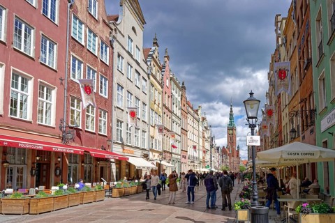 Historic buildings and outdoor restaurants in Langgasse, Dluga, in the old town of Gdansk, former