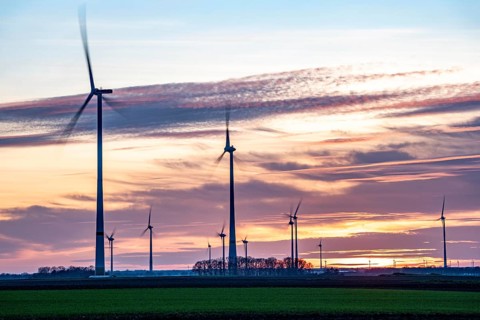 Sunset at Issum wind farm, Lower Rhine, North Rhine-Westphalia, Germany