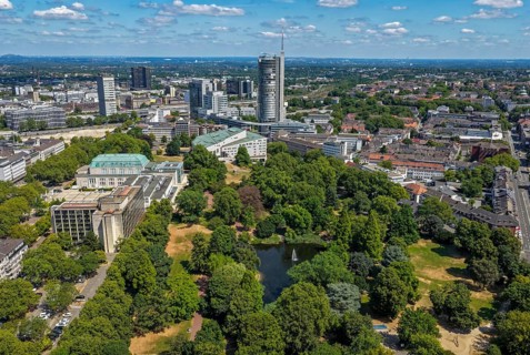 Essen, North Rhine-Westphalia, Germany - City panorama of Essen, skyline with front city garden