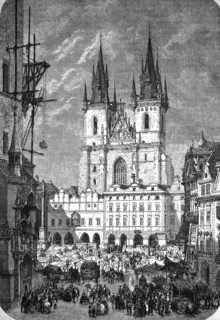 Old Town Square in Prague with the distinctive Tyn Church in the background, 1860, Czech Republic,