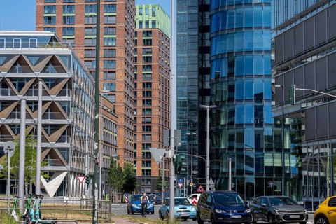 Buildings in the media harbor in Düsseldorf, Holzstraße, Speditionstraße, modern residential and