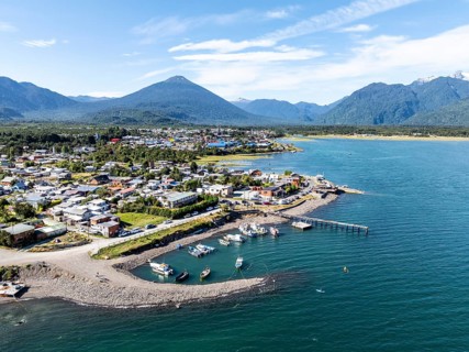 Aerial view, city view with harbor and sea, Hornopirén, Patagonia, Los Lagos, Chile