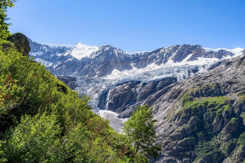 Mountain panorama, picturesque high alpine mountain landscape with Grindelwald-Fiescherfirn