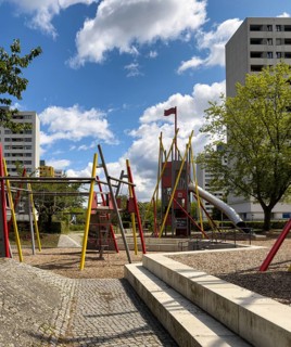 Playgrounds and skyscrapers in the Märkisches Viertel social housing development in the north of