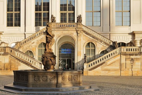 Friedensbrunnen in front of the Johanneum, now houses the Transport Museum, Dresden, Saxony,