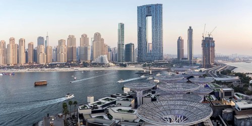 Dubai skyline on Bluewaters Island with JBR Beach and Dubai Marina panorama from above in Dubai,