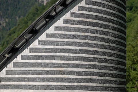 Detail, sloping roof, Roman Catholic church of San Giovanni Battista, built in the same place as