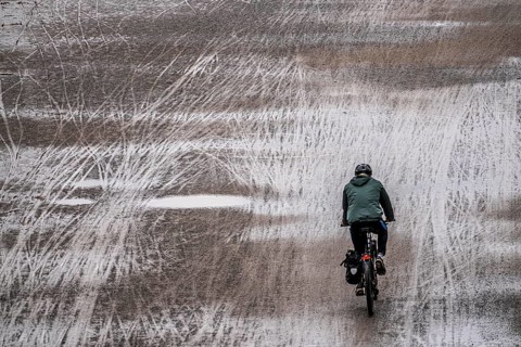 Dirt road, with many tracks of two-wheelers, footprints, cyclists, wet, after rain, parallel, mixed