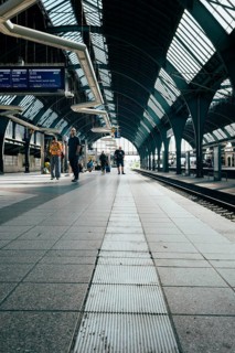 Historic track hall, station concourse of Karlsruhe Central Station with its distinctive, arched