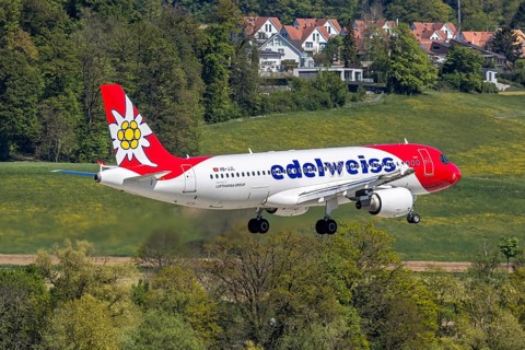 An Edelweiss Airbus A320 aircraft with the HB-JJL license plate at Zurich Airport, Switzerland