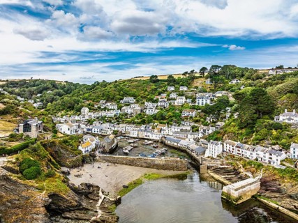 Polperro Harbour and Village from a drone, Polperro, Looe, Cornwall, England, United Kingdom