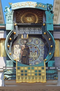 Historic clock in Art Nouveau style, anchor clock from 1911 on the Hoher Markt in Vienna, capital