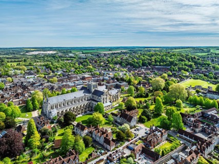 Winchester Cathedral from a drone, Winchester, Hampshire, England, United Kingdom