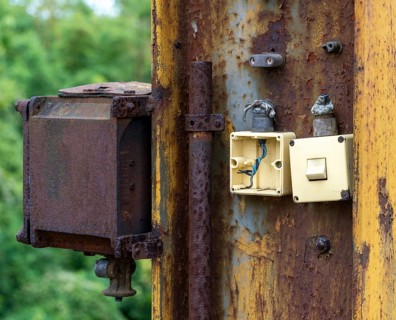 Old plastic switches on a steel column at the Historic Cable Car Diversion Station in the