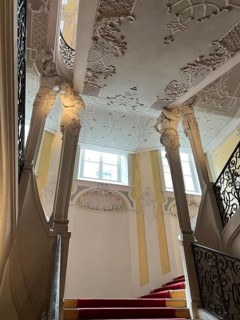Artistic staircase decorated with stucco in the Preysing Palace, Munich, Upper Bavaria, Bavaria,