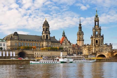 View across the Elbe to the historic old town with Ständehaus, Residenzschloss and Hofkirche,