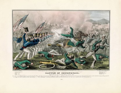 Historic lithographic print titled Battle of Churubusco depicting the Battle of Churubusco on