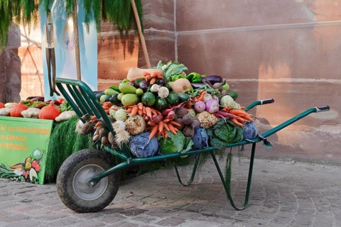 Wheelbarrow with various types of vegetables at a market stand, Colmar, Haut-Rhin, Alsace, Grand