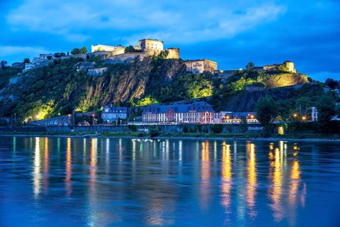 The Ehrenbreitstein Fortress, on the right side of the Rhine, opposite the Deutsches Eck, evening