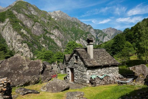 Traditional old stone houses, Splueia Bella, near Foroglio, Val Calnègia, Maggia Valley, Valle