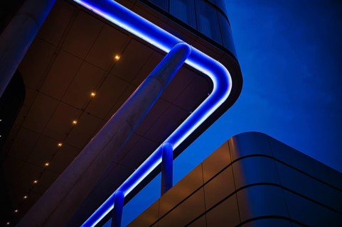 Detailed view, night view, Porsche Design Tower, Pragsattel, blue hour, Stuttgart,