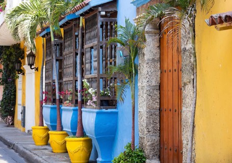 Colombia, Scenic colorful streets of Cartagena in historic Getsemani district near Walled City,