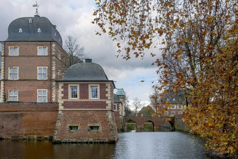 Baroque and moated castle Ahaus, today the seat of the Ahaus Technical Academy, Ahaus, Münsterland,