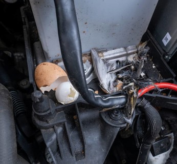Engine compartment, engine of a passenger car with remains of prey of a stone marten (Martes