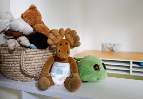 Cuddly toys in a daycare center, elk with diaper, Berlin, 11.08.2026, Germany