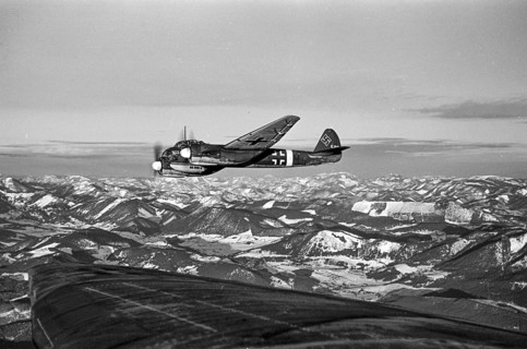 Historical aerial photograph of a Junkers Ju 88 on a combat mission over Russia, 1943, near
