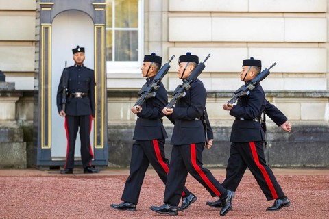 Queen's Gurkha Signals, marching, changing the guard, at Buckingham Palace, London, United Kingdom
