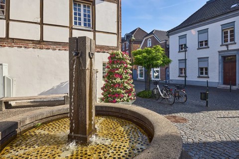Fountain, old town, historic town center, historic half-timbered house, houses, street, paving