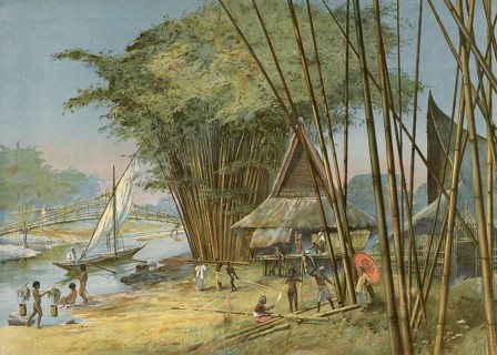 Village on the river with traditional houses, bamboo forests and people processing or transporting