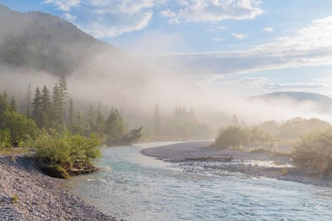 Isar valley nature conservancy area. The wild Isar river flows through its gravel bed past