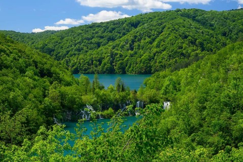 A high view of Waterfalls at Plitvice Lakes National Park, Croatia