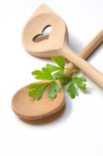 Cooking spoon and parsley, herb, Petroselinum crispum