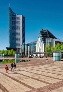 Paulinum, auditorium and university church of St. Pauli and Leipzig City Tower on Augustusplatz,